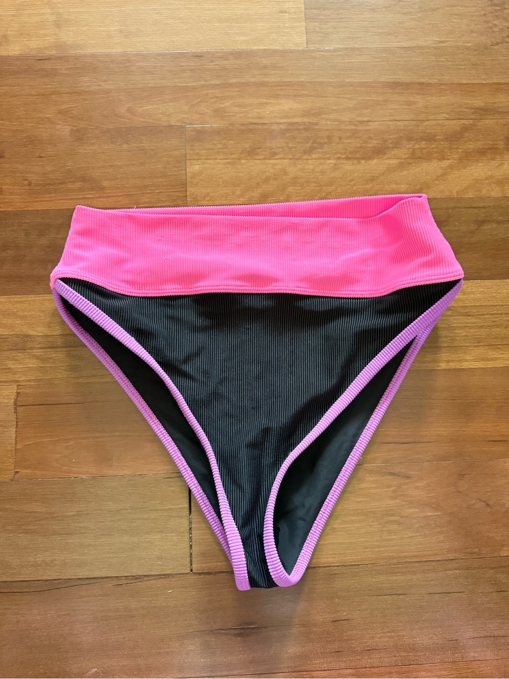 Beach Riot Black High-Waist Swim Bottoms with Hot Pink Waistband and Lilac Trim